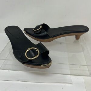 Yves Saint Laurent Sz 37 Black Leather Wood Low Heel Slide Sandals